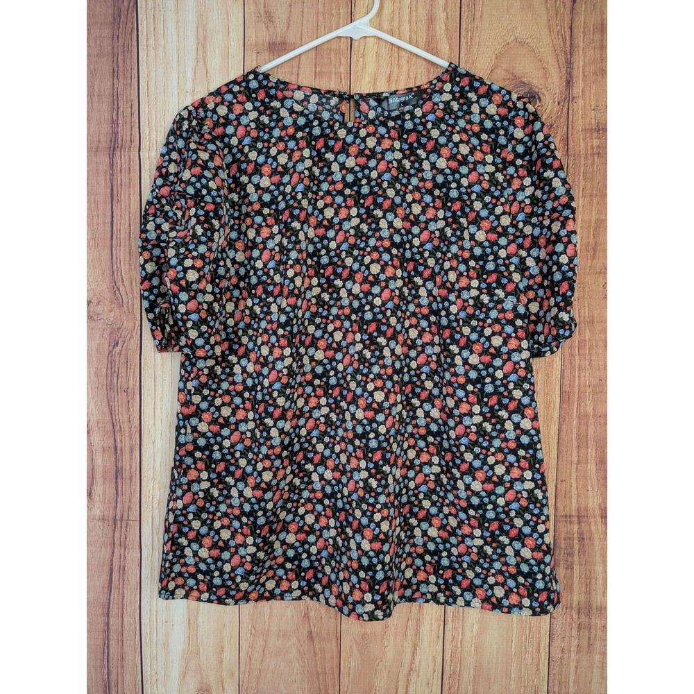 Allegra K Womens Black Floral Short Sleeve Blouse Top Size Large